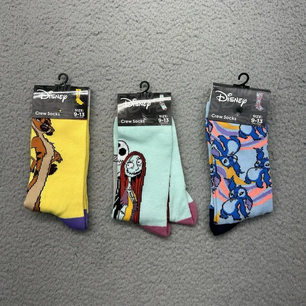 Disney Character Lot of 3 Crew Socks Size 9-13 Simba, Jack & Sally, & Stitch!